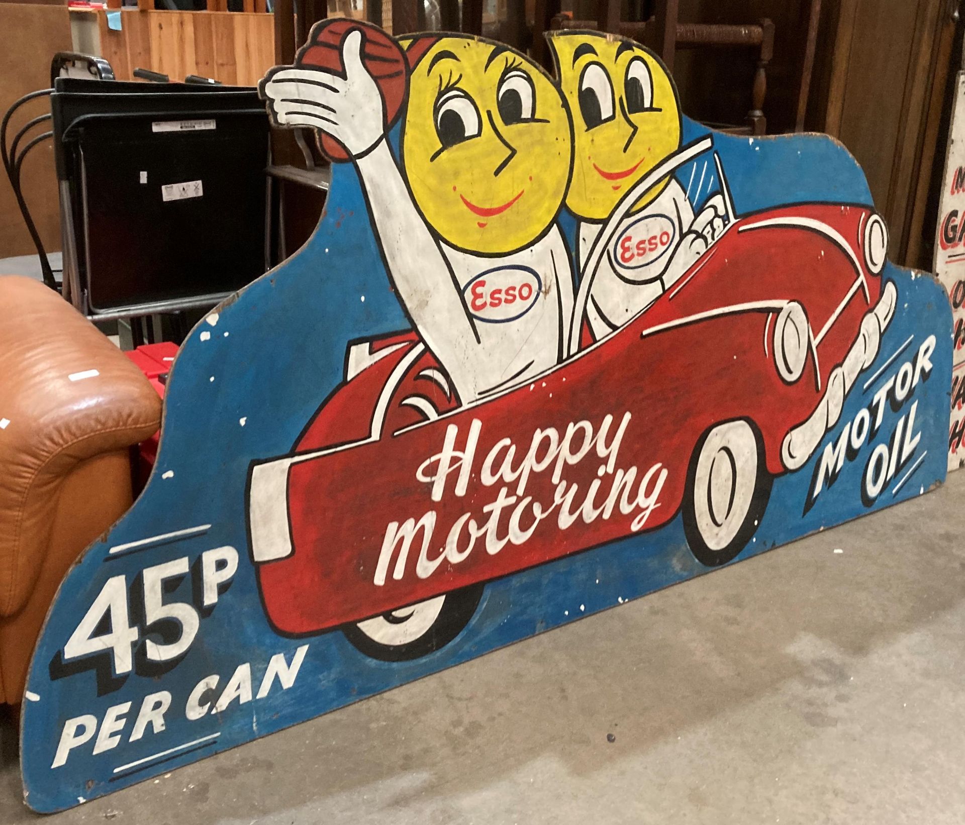 Large reproduction painted sign on plywood 'Esso Happy Motoring' 220cm x 110cm high