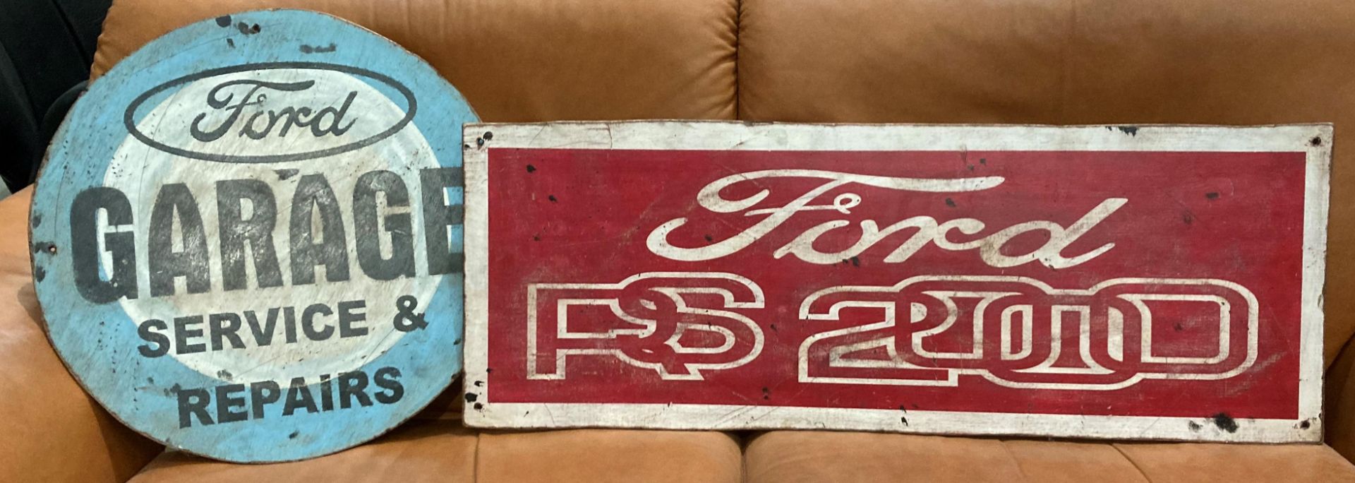 Two reproduction painted signs on plywood - one circular 'Ford Garage' 50cm diameter and one - Image 2 of 2