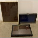 Two glass fronted lockable menu cases complete with one key (47 x 32cm) and a perspex front brass