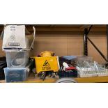 Contents to part of rack - assorted catering equipment - glasses, dishwater tray, tin lids,