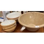 A brown glazed pancheon and five brown glazed kitchen/mixing bowls (two cracked) (6)