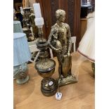 A tall brass finish plaster figurine of a Knight 64cm and a brass finish table lamp - (no shade,