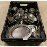 Contents to crate - assorted stainless steel trays, assorted cutlery, dessert bowls, serving trays.