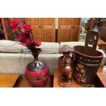 Three items - a large brown and red patterned vase,