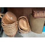 Contents to under part of rack - gold sprayed Lloyd Loom corner linen basket, wood tray,