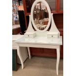 A white wood finish mirror back dressing table with single drawer and two jewellery drawers - 100cm.