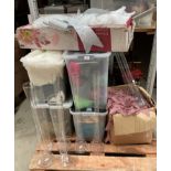 Contents to pallet - eight assorted tall glasses and six boxes and contents - event chair back bows,