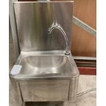 Stainless steel single spout knee operated sink with splash back 40cm wide x 33cm deep.