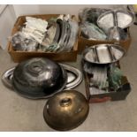 Contents to two boxes - large quantity of stainless steel serving trays, serving dishes, jogs,