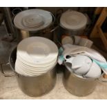 Four large stainless steel catering pans and a quantity of white catering crockery - Anton Black,