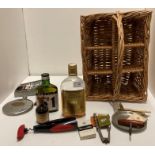 A wicker six bottle basket, cork screws, hip flask, three part bottles/miniatures,