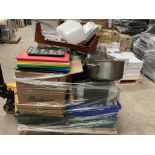 Contents to pallet large quantity of assorted crockery, cooking pots, pans, slate serving tablets,