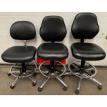 3 x Black Vinyl Adjustable Swivel Chairs on 5 Star Chrome Bases with Castors and Circular Chrome