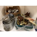 Contents to box and crate including assorted stainless steel tea pots, approx.