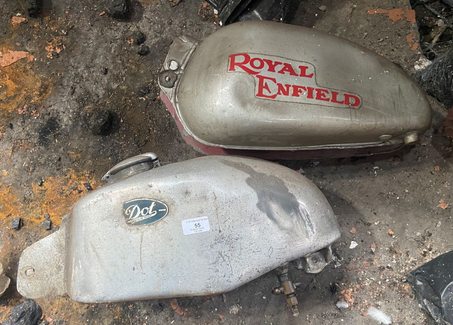 2 x motorcycle petrol tanks - Royal Enfield and DOT.