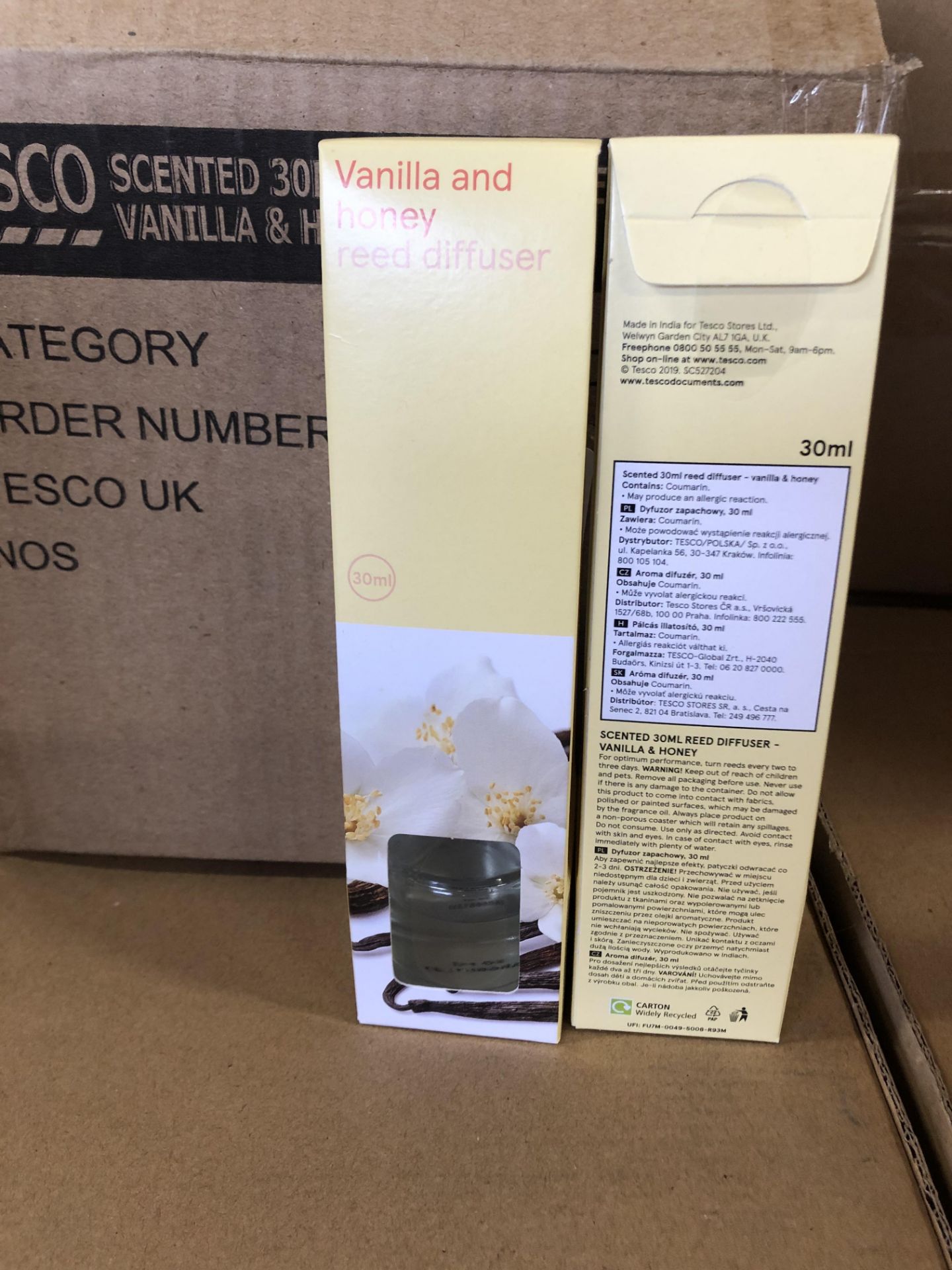 2 BOXES 12 TESCO 30ML DIFFUSER VANILLA & HONEY (TOTAL QUANTITY 24)