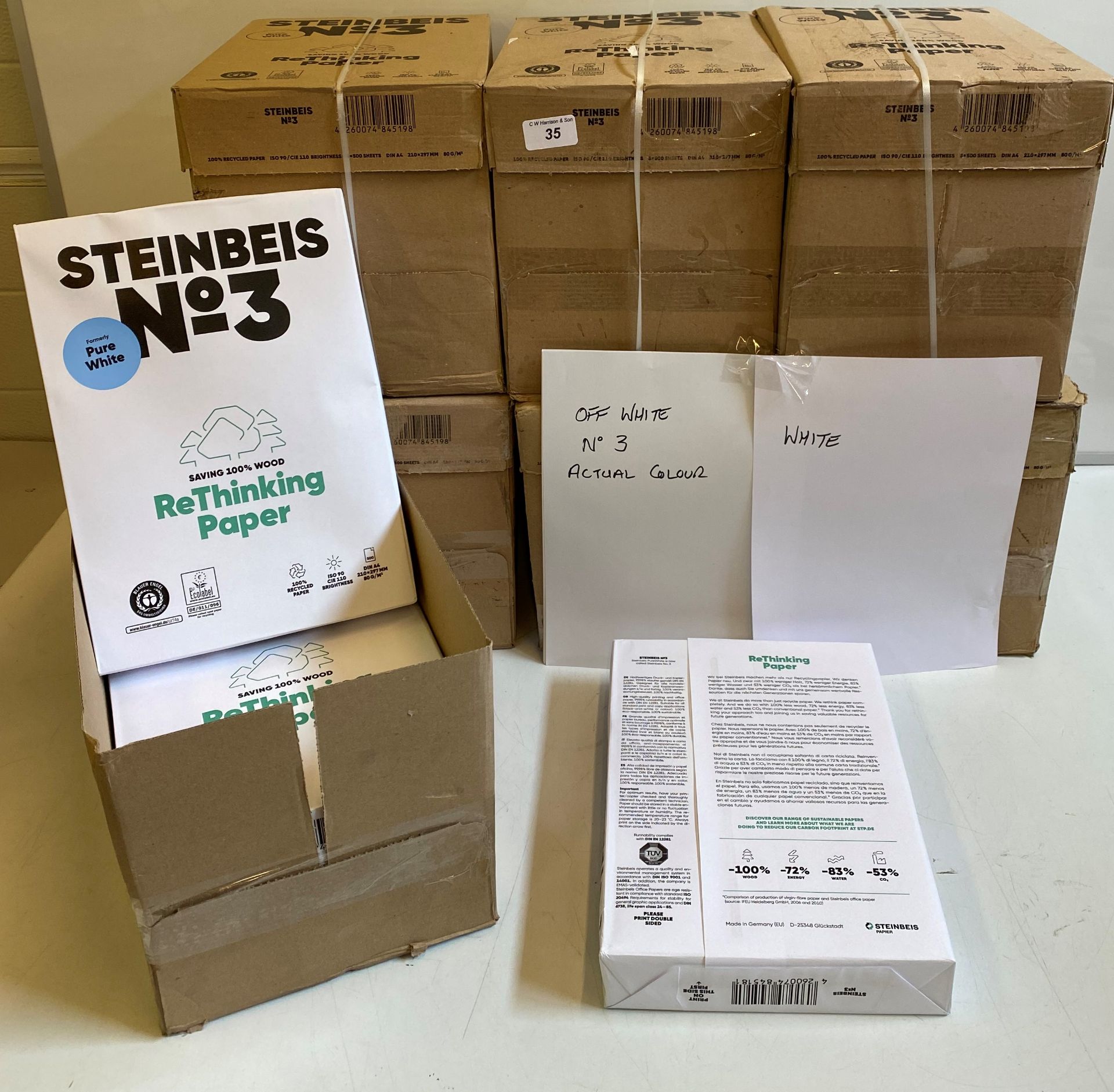 7 boxes of A4 Steinbeis off white recycled paper 80g (please see colour difference in picture)
