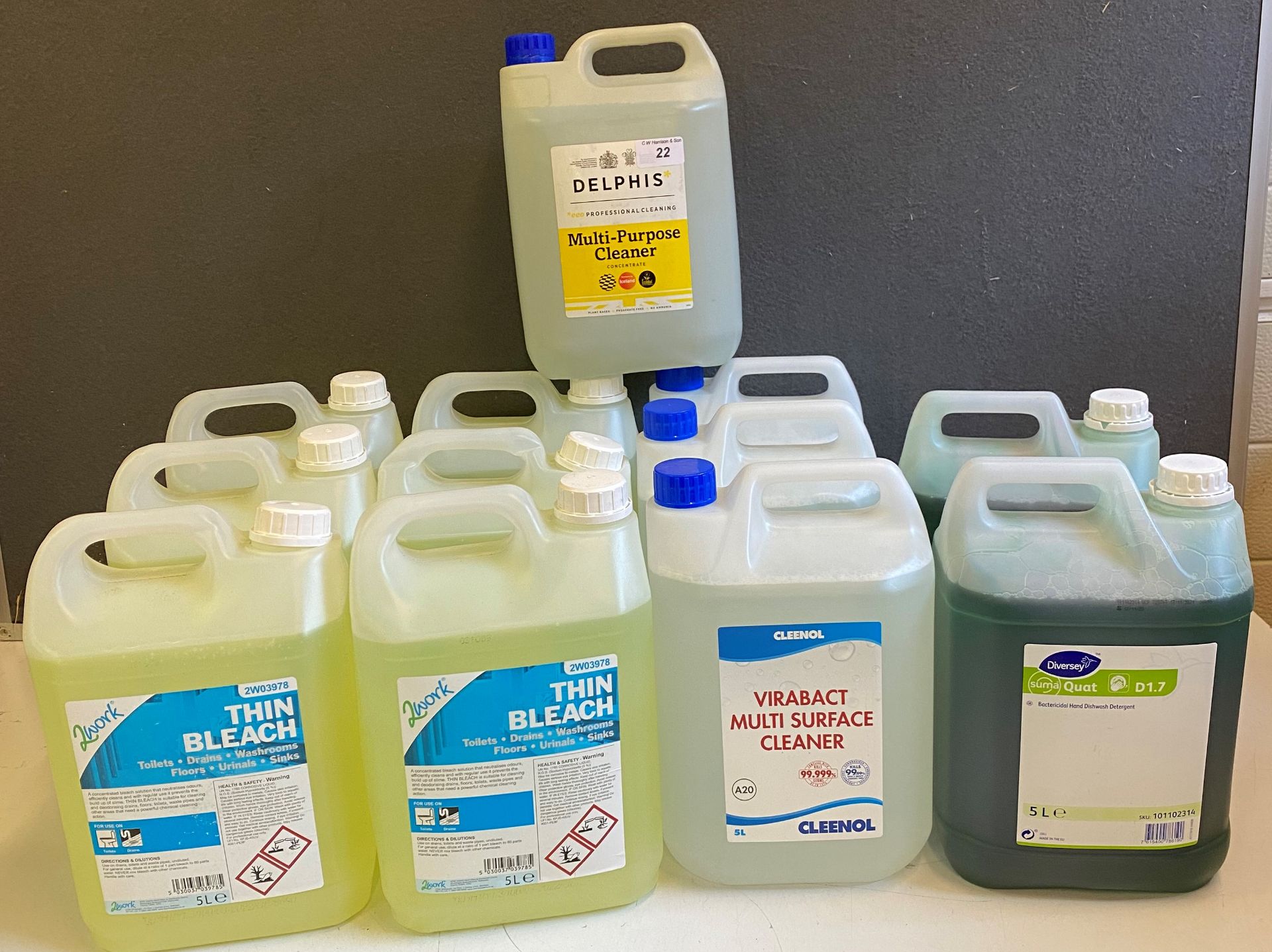 6 x 5L 2Work thin bleach and 3 x 5L Cleenol Virabact multi surface cleaner and 2 x 5L Diversey