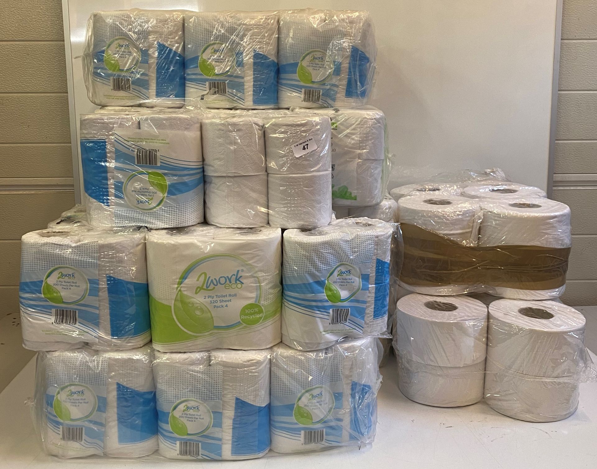 60 packs of 4 assorted toilet rolls 2 ply and 20 mini jumbo toilet rolls