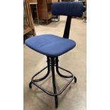 A Leabank metal framed adjustable draughtsman's swivel chair with blue fabric upholstery.