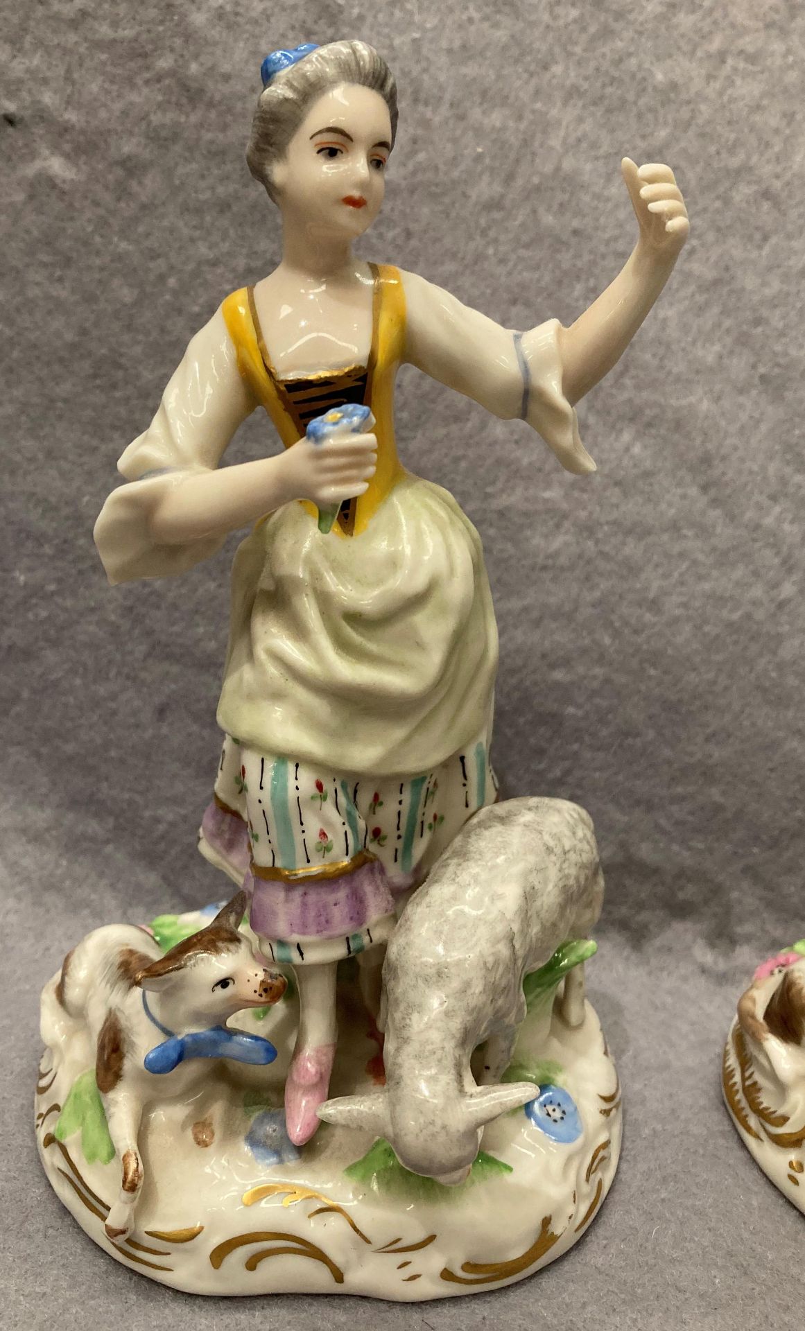 Pair of porcelain figurines, man and woman with animals, damage to the man's animal with bow, - Image 2 of 6