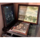 Three Dutch scenes, one harbour and two interiors, in walnut finish frames, 50cm x 63cm,
