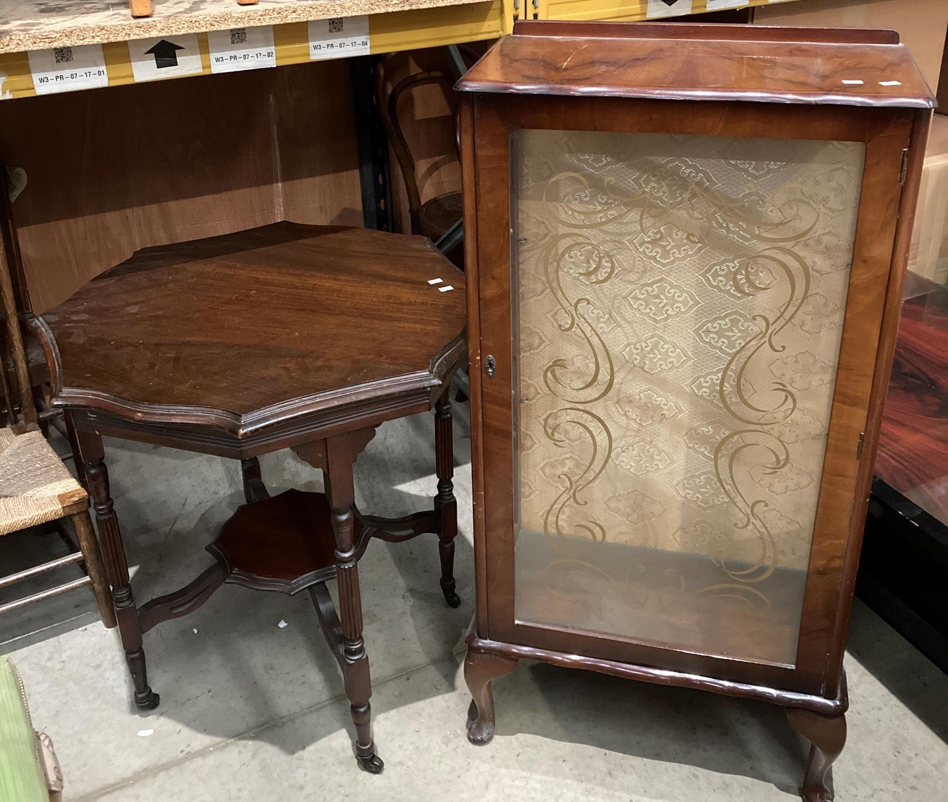 An Edwardian china display cabinet together with a mahogany octagonal shaped top window table (2)