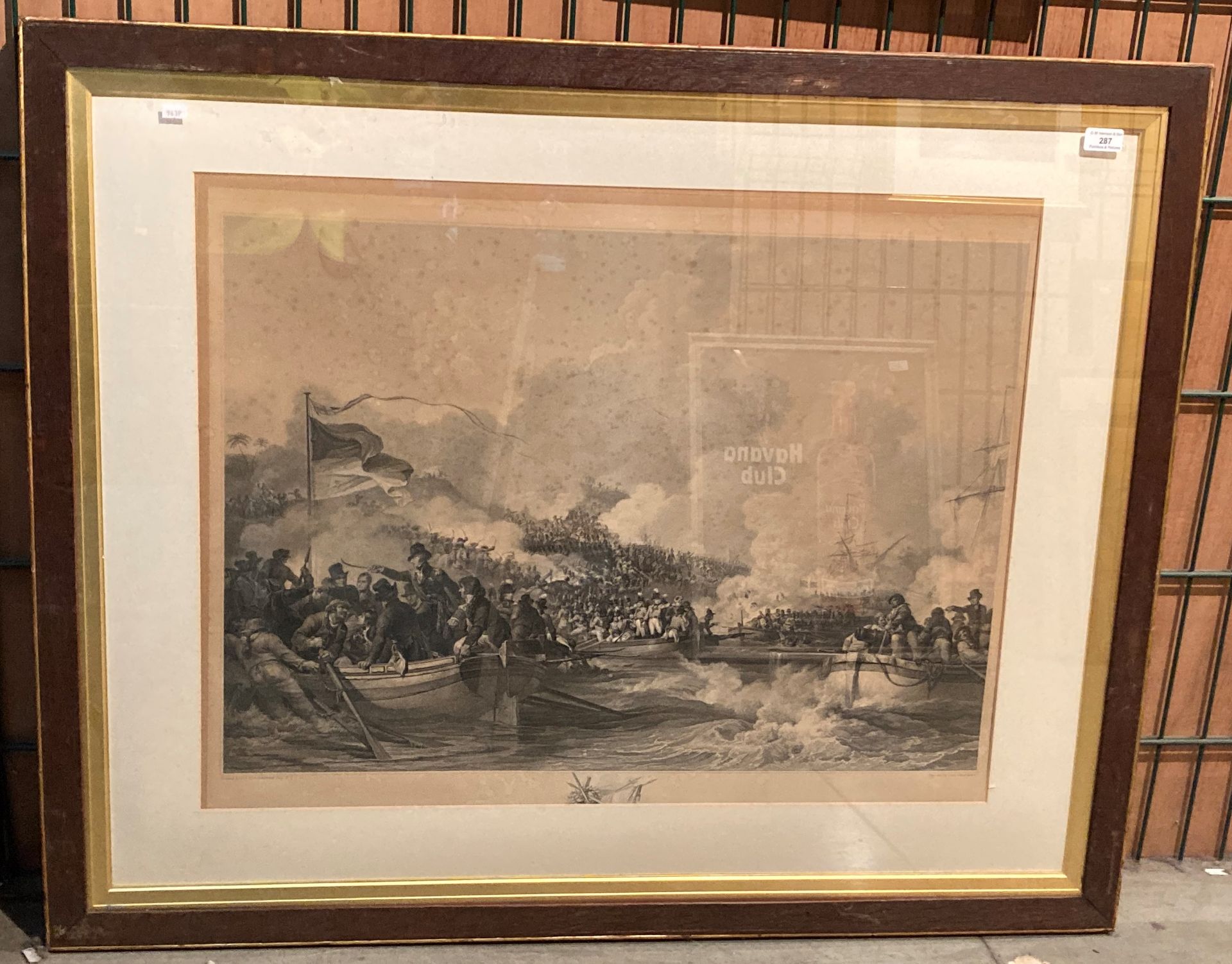 A large framed engraving of a naval sea landing after Philip James de Loutherbourg,