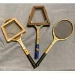 Three vintage tennis racquets including a Dunlop Alpha,