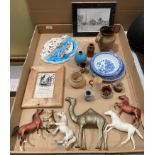 Contents to tray - plastic horses, small jugs and vases etc.