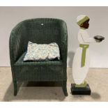 Green painted Lloyd Look tub chair and a wooden painted 'waiter' with ashtray,