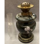 A blue glass with floral decoration oil lamp with glass funnel,