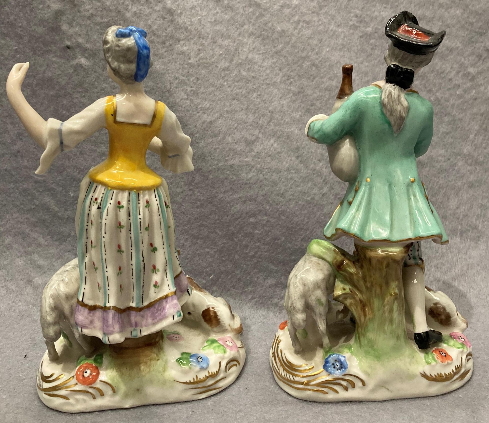 Pair of porcelain figurines, man and woman with animals, damage to the man's animal with bow, - Image 4 of 6