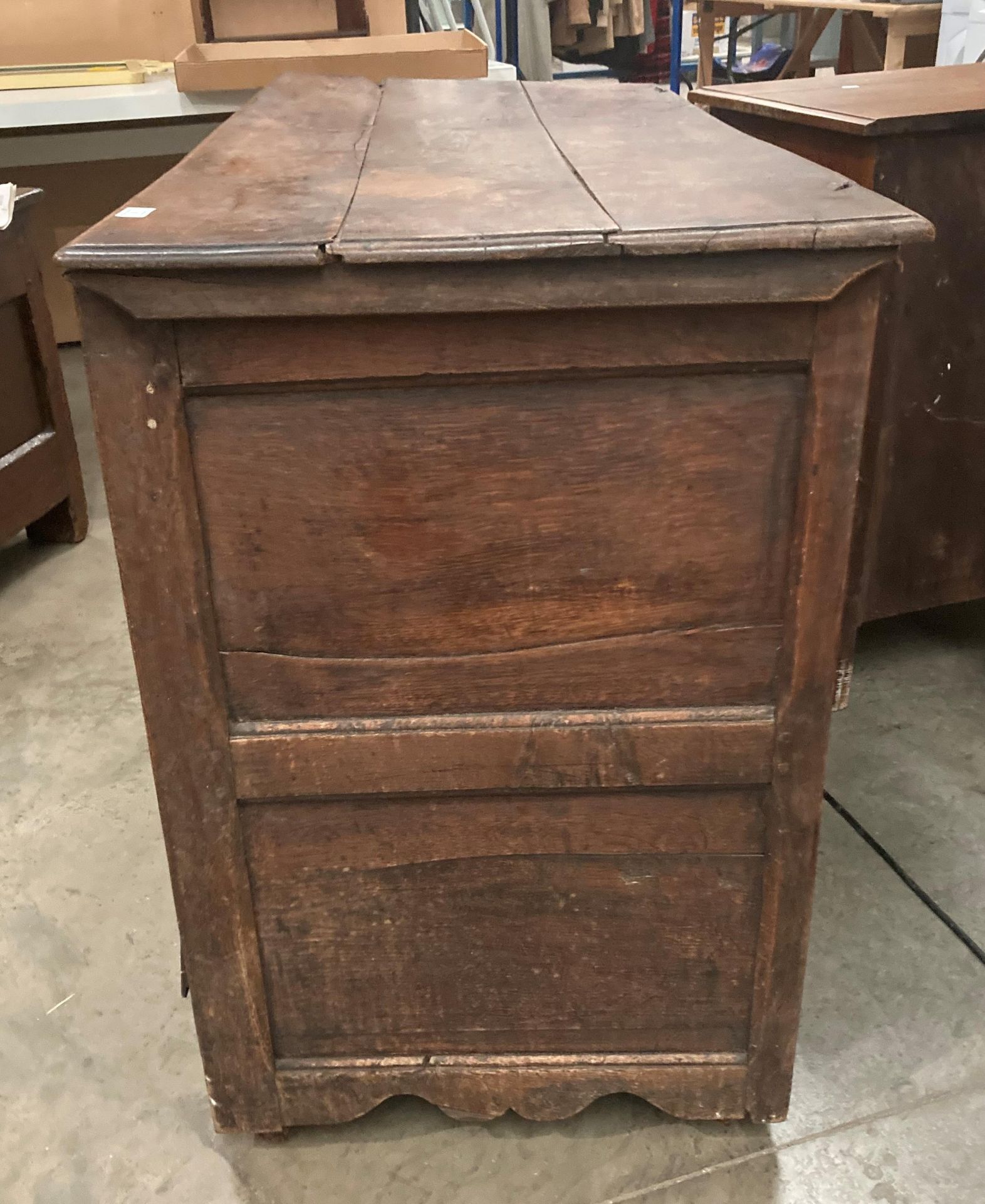 An oak kist with carved three panel front over two drawers, lettered to either side of lock FA1741, - Image 10 of 15