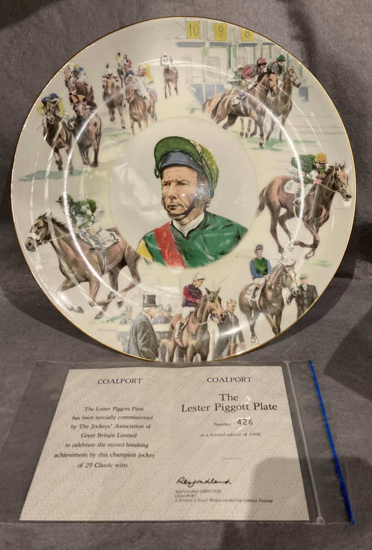 Lester Piggott interest - a boxed Coalport plate 'The Lester Piggott plate' specially commissioned