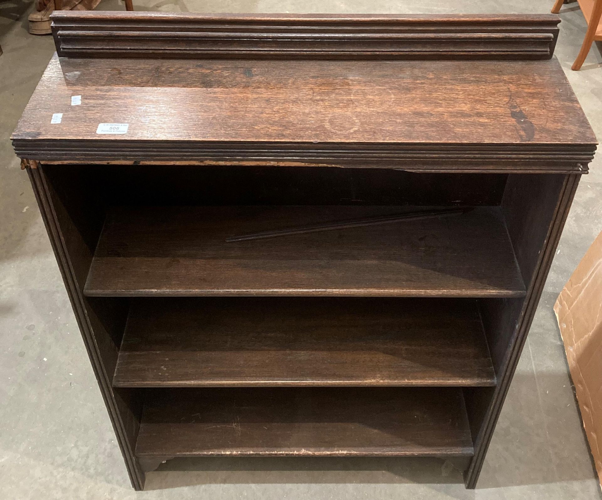 A small oak three shelf open bookcase (trim broken), 78cm x 107cm high. - Image 2 of 2