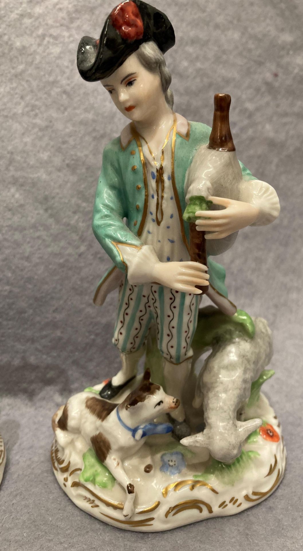Pair of porcelain figurines, man and woman with animals, damage to the man's animal with bow, - Image 3 of 6