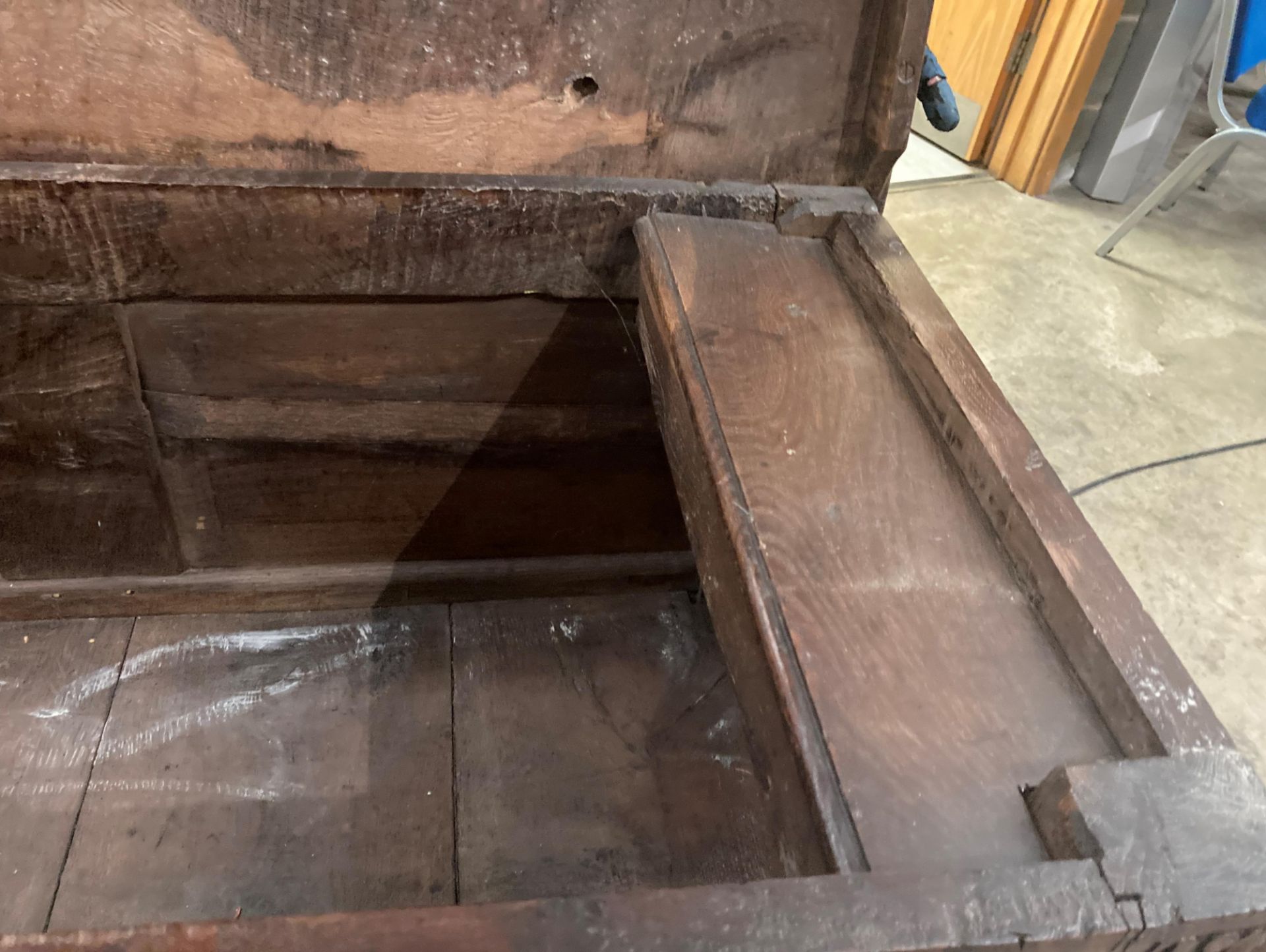 An oak kist with carved three panel front over two drawers, lettered to either side of lock FA1741, - Image 9 of 15