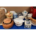 Contents to part of rack - blue and white enamel bowls, large Royal Worcester Palmyra tureen,