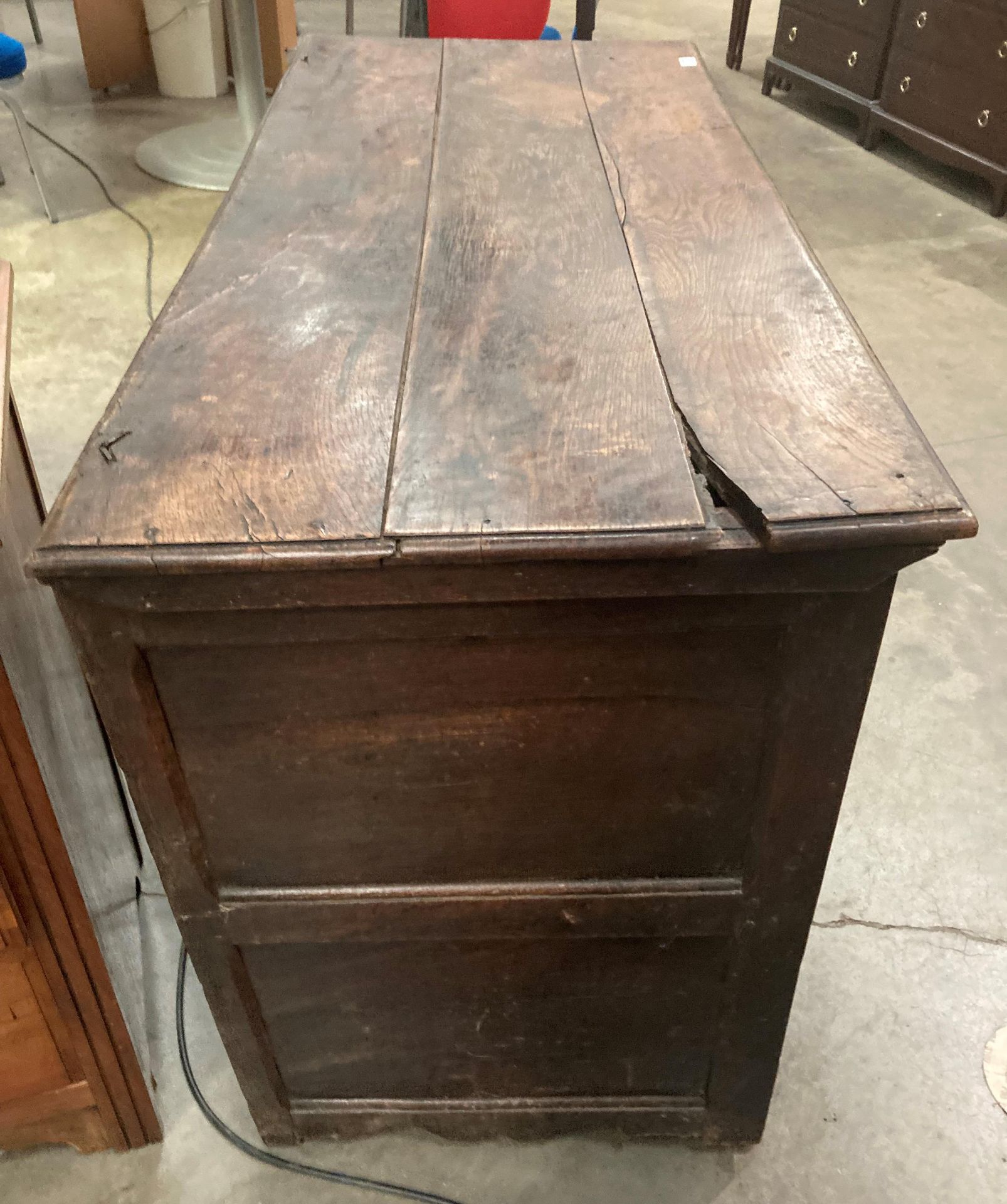 An oak kist with carved three panel front over two drawers, lettered to either side of lock FA1741, - Image 11 of 15