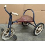 A Mobo child's vintage trike - missing front tyre and pitted.