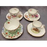 Four Royal Crown Derby tea cups and saucers including Derby Poises XLIV