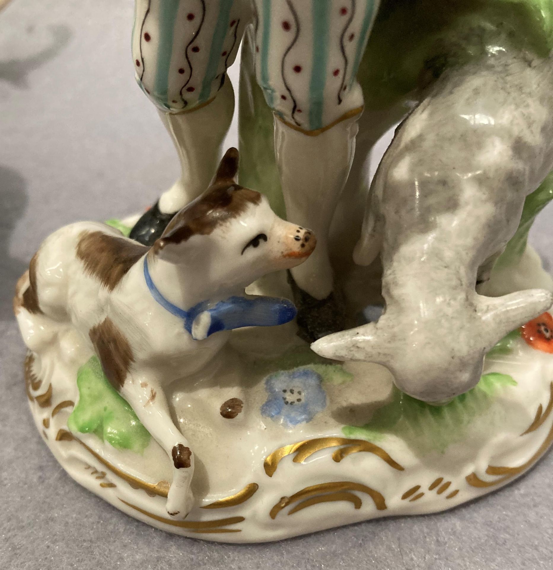 Pair of porcelain figurines, man and woman with animals, damage to the man's animal with bow, - Image 6 of 6