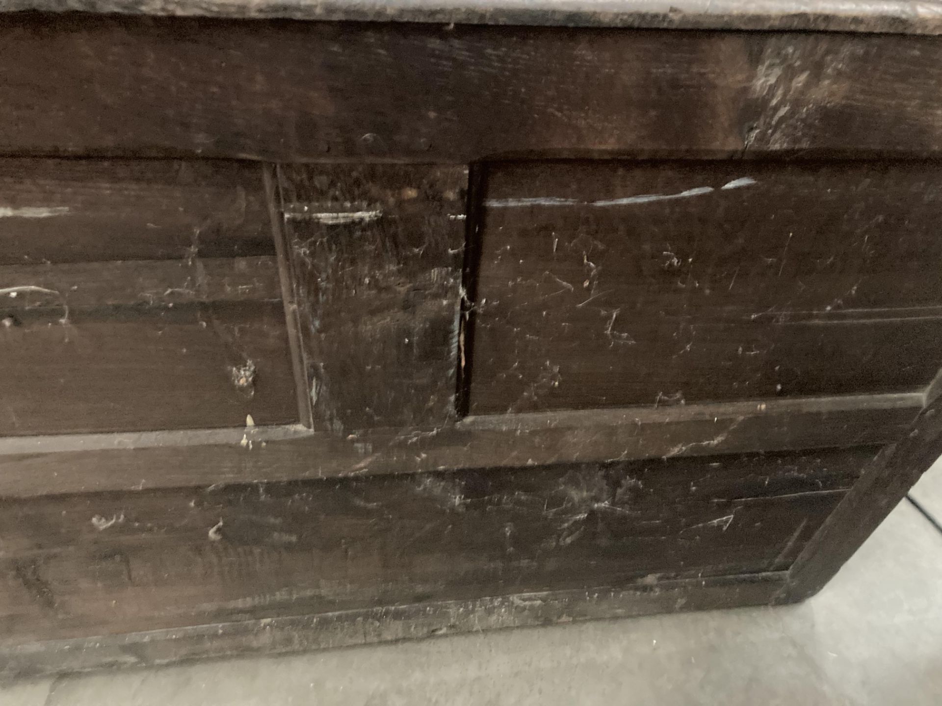 An oak kist with carved three panel front over two drawers, lettered to either side of lock FA1741, - Image 15 of 15