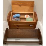 An oak book trough 48cm long and a pine sewing box with lift lid and some sewing accessories (2)