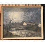 G Birks, framed oil on board, 'Bridge and River in Winter scene', 50cm x 60cm, signed bottom right,