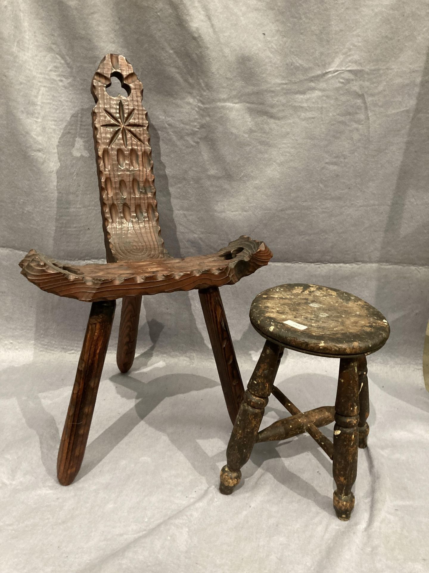 A carved wood Welsh stool and a small elm stool (2) Further Information Stool has - Image 2 of 14