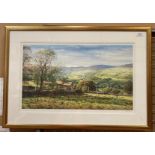 K Melling, framed print of a Dales farmhouse scene, 36cm x 64cm,