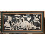 A large framed black and white oil on multiple panels in the style of Pablo Picasso's Guernica,