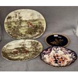 Two Johnson Bros oval meat plates with fox hunting scenes 'View Halloo', 42cm and 'Stirrup Cup',